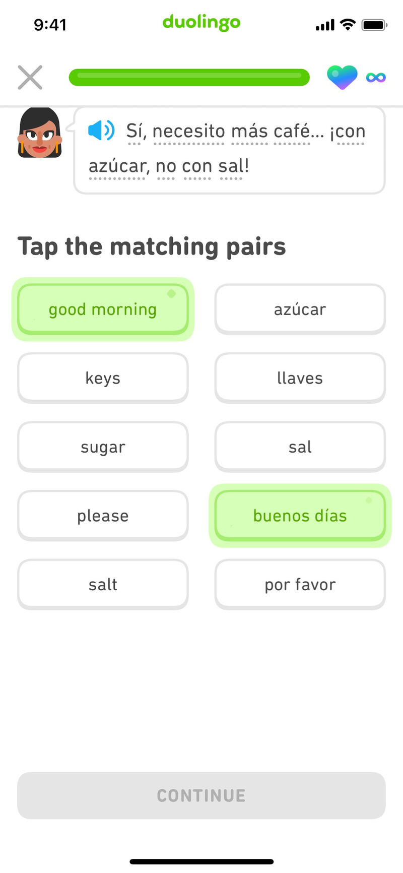 Duolingo matching pairs exercise — functional interaction