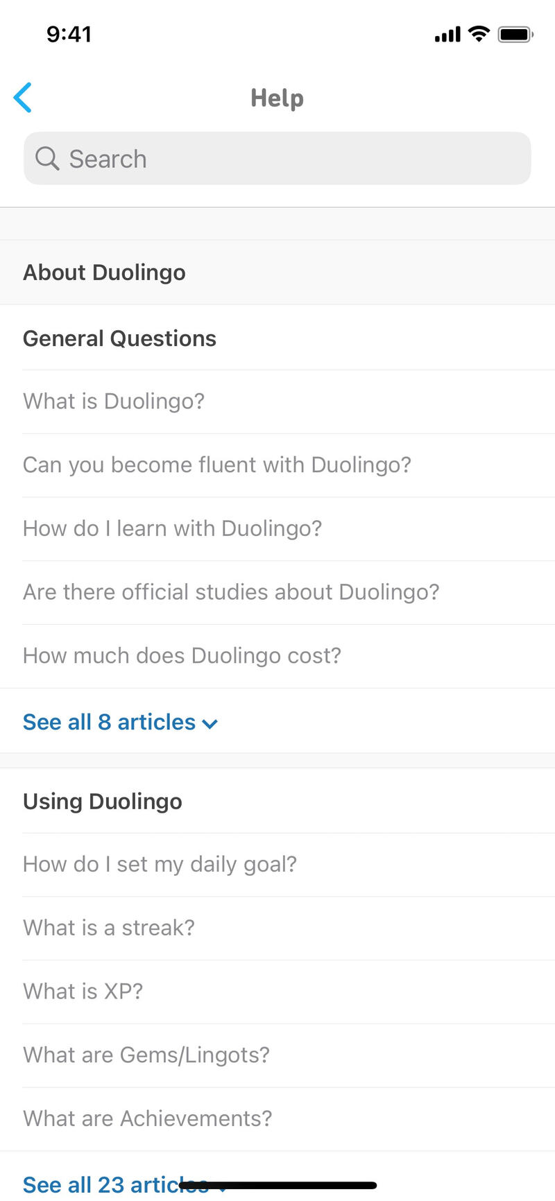 Duolingo Help & FAQ — plain list, zero brand expression