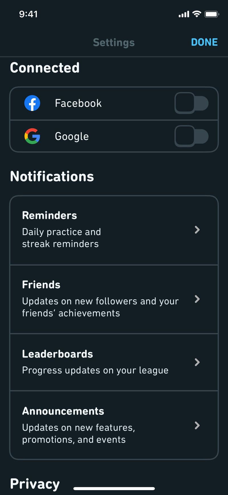 Duolingo Settings — standard toggles and labels