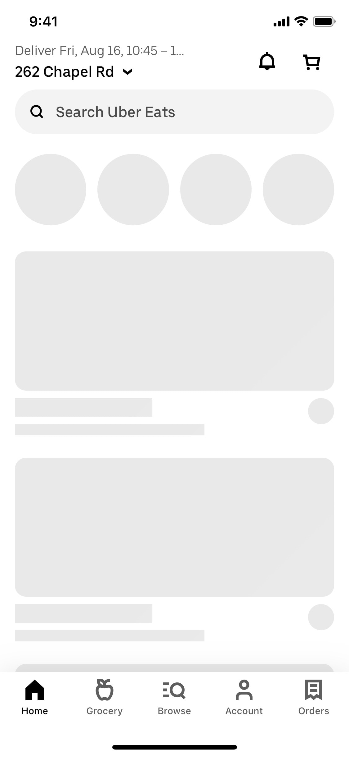 Uber Eats — Shimmer skeletons hold layout shape during load — no content jumps.