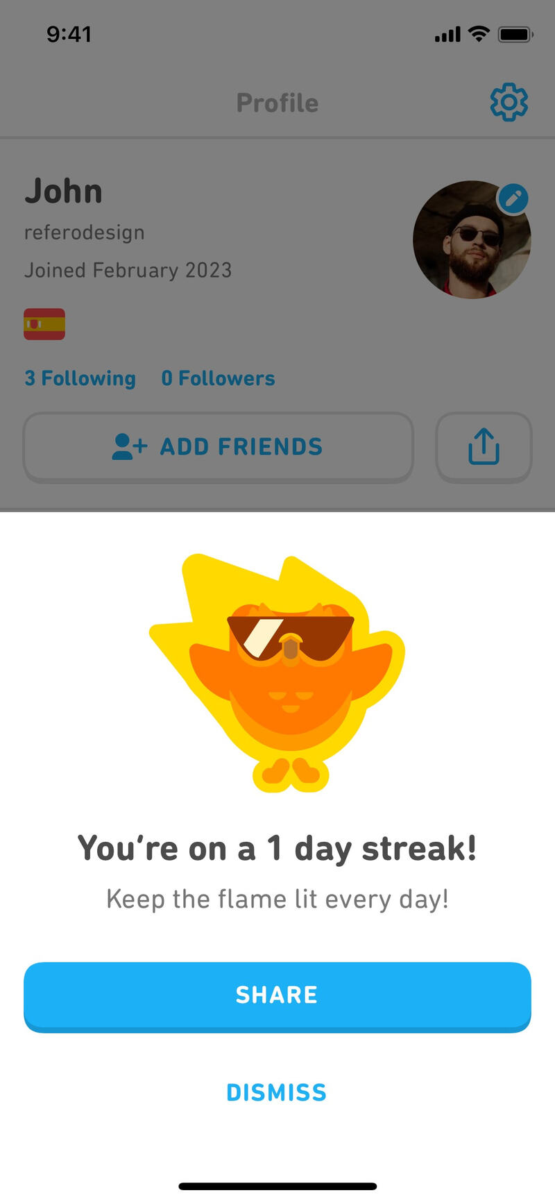 You're on a 1 day streak! — celebration with share prompt