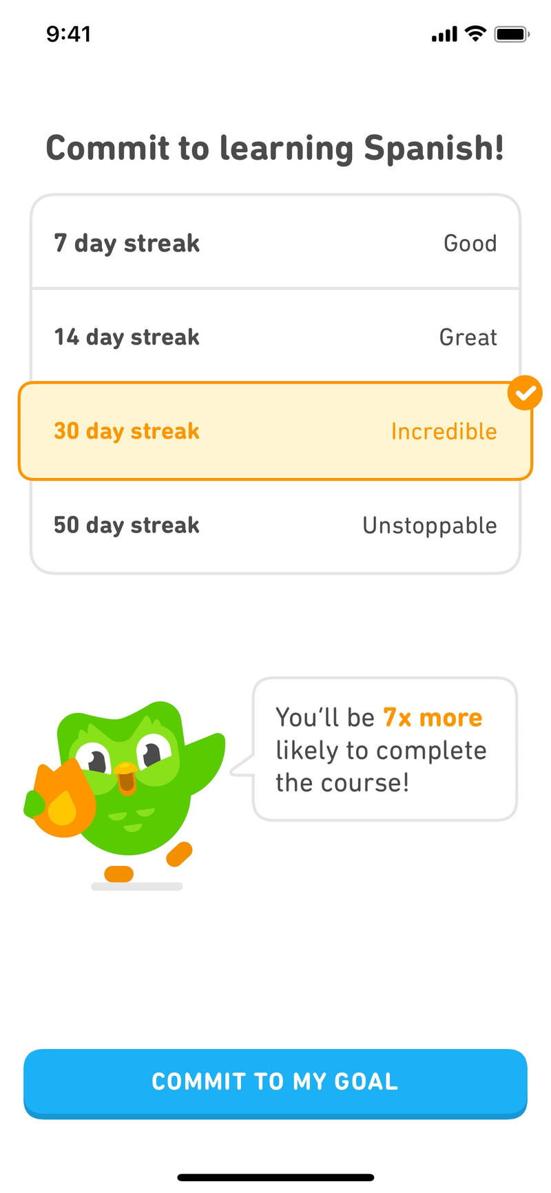 30-day streak commitment — Good through Unstoppable labels